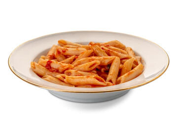 Penne macaroni pasta with tomato sauce, penne all'arrabbiata in white plate with golden edge isolated