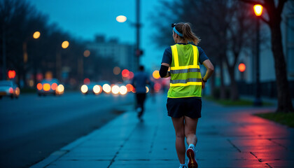 Woman Jogging in Reflective Vest During Twilight for Health Blogs, Fitness Websites, Evening Workout Guides, and Personal Training Content  
