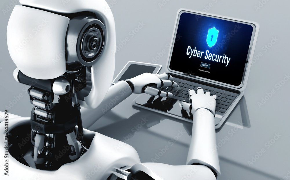 Poster cyber security system on computer screen protect private information snugly from hacker and cyber at