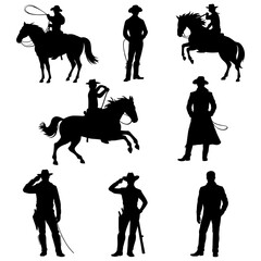 Silhouettes of cowboys and horses in various poses
