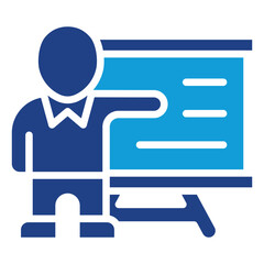 Classroom Training Dual Tone Color Fill Silhouette Icon - Instructor figure presenting in front of a board, symbolizing traditional in-person training for trainees
