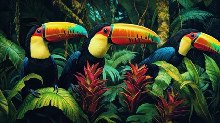 Three toucans perched amidst lush tropical foliage.