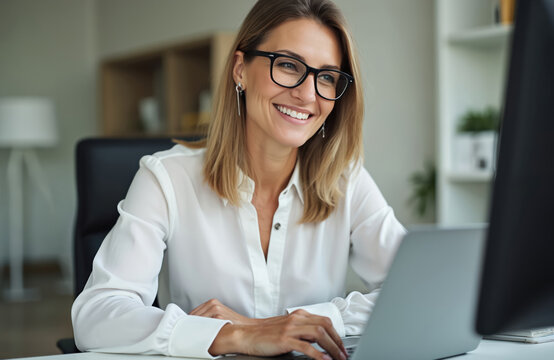 Smiling businesswoman communicates online via computer video call. Happy female working on laptop in office. Remote job interview business meeting. Positive emotion. Middle age woman wearing glasses.