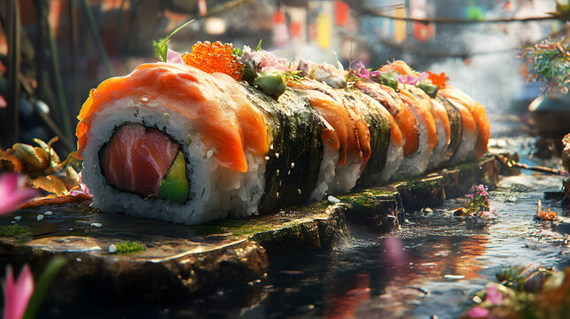 Assorted sushi rolls with salmon and avocado, garnished with flowers and served on a stone slab - Powered by Adobe