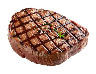 Perfectly grilled steak against white background