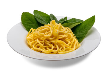 Egg noodles topped with butter and sage in white dish with butter slices and sage leaves, square spaghetti in white dish isolated