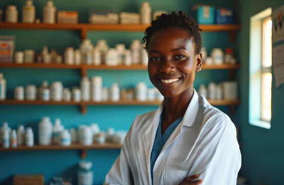 Smiling black woman healthcare worker in clinic. Focus on providing medical care, support to community. Pharmacy bottles on shelves behind. Medical professional in lab coat provides health service.