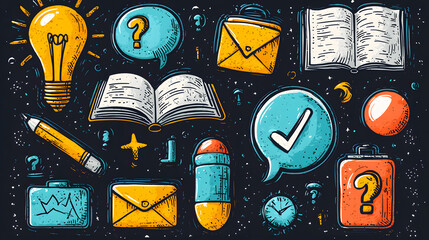 Illustration of educational and learning tools including books, light bulb, pencil, and speech bubbles