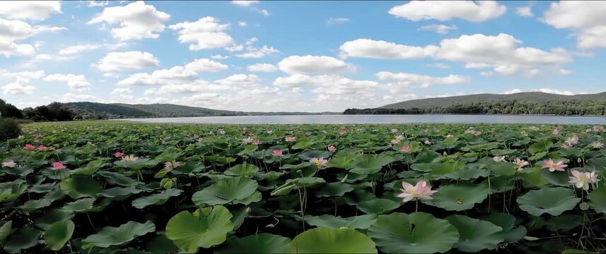 Landscape on LAnamorphic Lens - ake Corgeno with Lotus Flowers