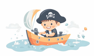 Cartoon of a young boy dressed as a pirate, sailing in a small boat on a sea with a white background