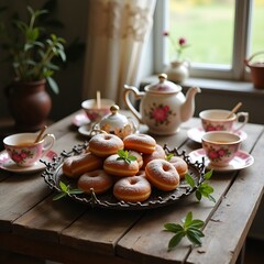 Deliciously Decorated Donuts and Tea Set on a Rustic Table