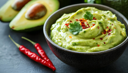 Avocado cream seasoned with sriracha, chili flakes, and fresh coriander, served with sliced avocado and red chilies, offers a vibrant, spicy, and healthy appetizer or snack