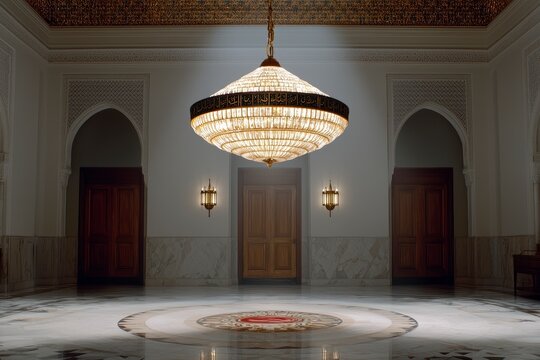 Opulent Hallway Interior with Crystal Chandelier and Marble Floor