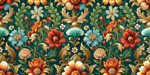 Vibrant floral pattern with rich colors and intricate designs on a dark green background.