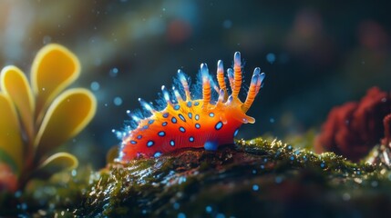 Vibrant nudibranch crawling on mossy rock, surrounded by colorful underwater flora.