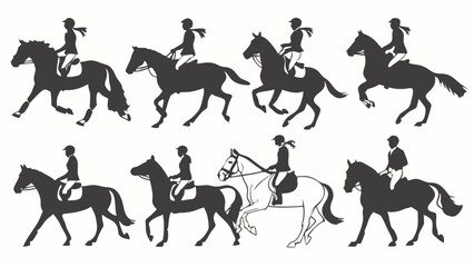 Horse riding silhouettes set collection of people riding horses in various poses like jumping trotting and galloping