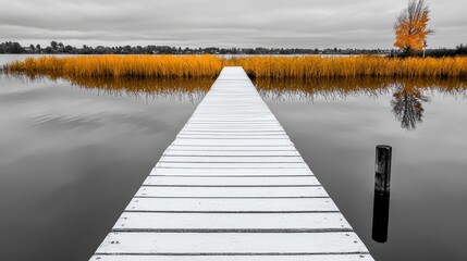 Fototapeta premium Serene Autumn Lake Scene White Dock and Golden Reeds under Gray Sky