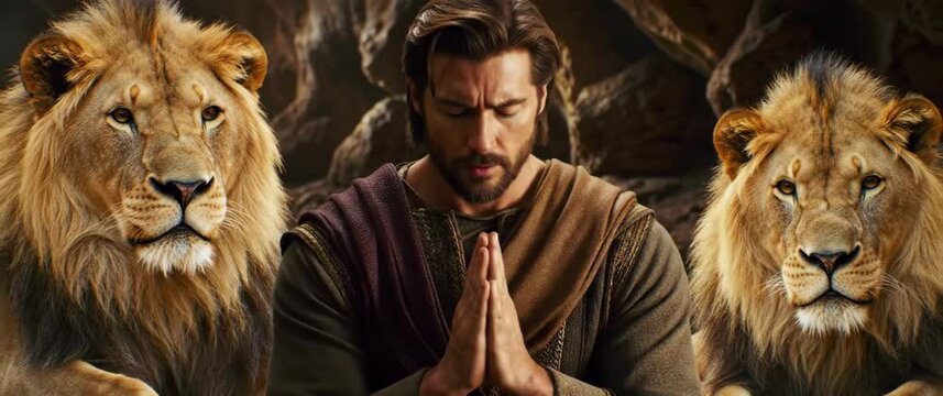 Daniel Kneels Praying to God in Cave, Surrounded by Calm Lions Lounging, Biblical Old Testament Story of Faith and Divine Protection