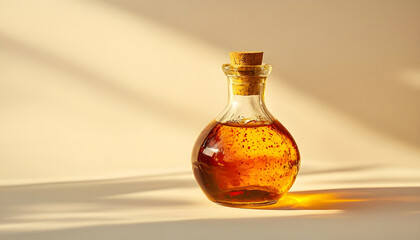 An elegant glass bottle filled with thick amber-colored chili pepper infused oil with a tightly capped stopper stands on a white background ready for culinary creations