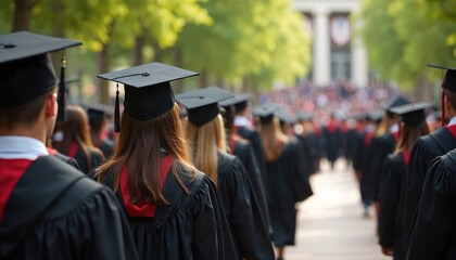 University graduation commencement ceremony. Students in caps gowns walk toward stage. Graduates in academic regalia celebrate degree. Education milestone achievement, success. Future career.