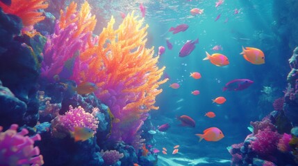 Vibrant coral reef teeming with colorful fish and sunlight.