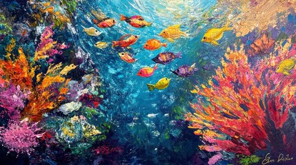 Vibrant coral reef scene with colorful fish swimming amidst coral branches.