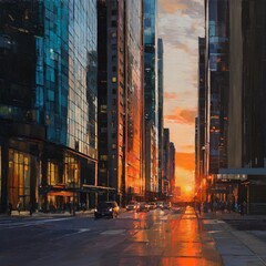 Obraz premium Cityscape painting of a street with tall buildings and a bright sunset reflecting on the road surface