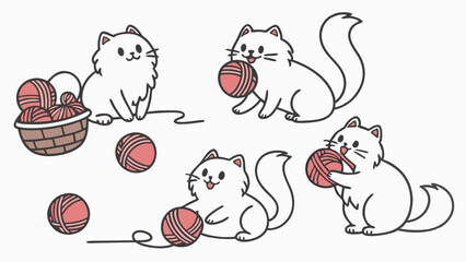 Cute white cats playing with yarn balls set. Playful kittens having fun with thread. Cartoon illustration.