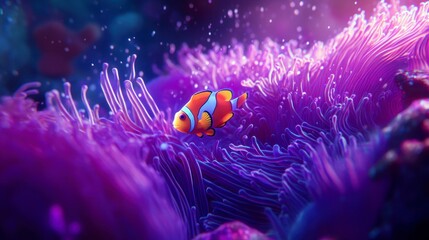 Vibrant orange clownfish nestled within luminous purple sea anemone.