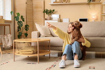 Teenage girl with cute Poodle dog pointing at something in room
