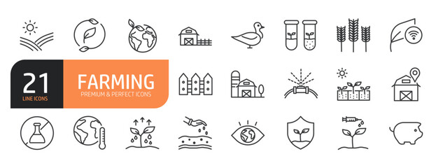 Set of line icons related to Farming and agriculture and more. Outline icons collection. Editable stroke. Vector illustration.