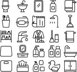 Bathroom Fixtures and Hygiene Outline Icons Set: Toilet, Sink, Shower, and Personal Care Items