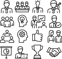 Business and Management Outline Icons: Teamwork, Ideas, Presentation, and Success Concepts