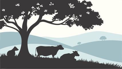 Peaceful rural landscape silhouette with cattle and calf under a tree. Hilly countryside livestock nature scene.