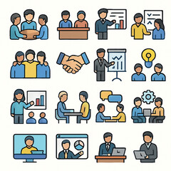 Business Meeting and Teamwork Icons: Collaboration, Presentations, Discussions, and Online Conferencing