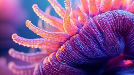 Vibrant close-up of a sea anemone, showcasing its intricate texture and colorful tentacles.