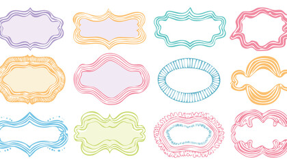 Fototapeta premium Collection of hand drawn colorful wavy frames different shapes. Summer decorative frames. Modern trendy borders for wedding invitation, birthday card, social media template. Vector illustration.doodle