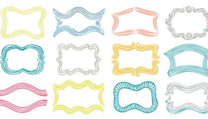 Collection of hand drawn colorful wavy frames different shapes. Summer decorative frames. Modern trendy borders for wedding invitation, birthday card, social media template. Vector illustration.doodle