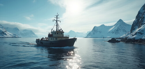Fishing boat sails arctic waters with snow-capped mountains background. Men on deck, cold sea. Travel to Iceland, Scandinavia, Norway. Winter adventure, commercial fishing industry, marine job.