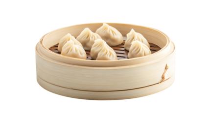 Handmade steamed momo dumplings arranged on bamboo steamer isolated on white background 
