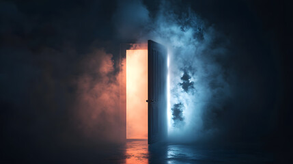 An open magic door in a dark room. Magic particles, smoke, smog