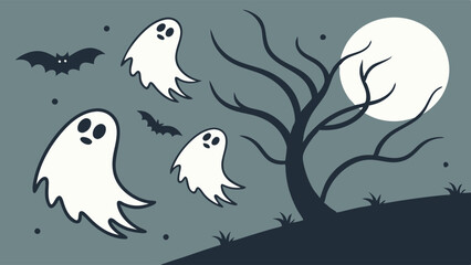 Spooky Halloween Night Scene Illustration with Flying Ghosts Bats Full Moon and Creepy Tree Background