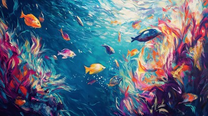 Vibrant underwater scene with colorful fish swimming among coral reefs.