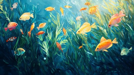Vibrant underwater scene with colorful fish swimming among lush seaweed.