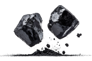 Dramatic studio shot captures two pieces of coal falling against a stark black backdrop