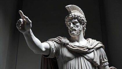 Marble sculpture of Julius Caesar with hand pointing up. Classic Roman art, history, empire theme. Ancient leader in toga, beard, military commander. Portrait of famous historical figure.