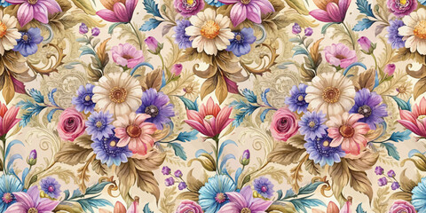 Vibrant floral pattern with colorful blossoms on a cream background.
