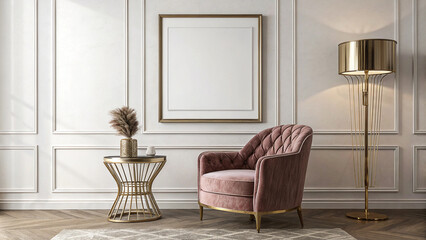 Elegant Living Space with Pink Armchair Stylish Decor and Blank Poster Frame for Inspiring Creativity