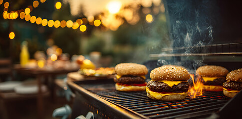 Close Up Of Grilled Burgers With Cheese On A Barbecue With Flame And Smoke Outdoor Party