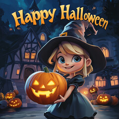 Charming Halloween Witch with Pumpkin: A Cute and Whimsical Fall Character Illustration for Spooky Seasonal Decor